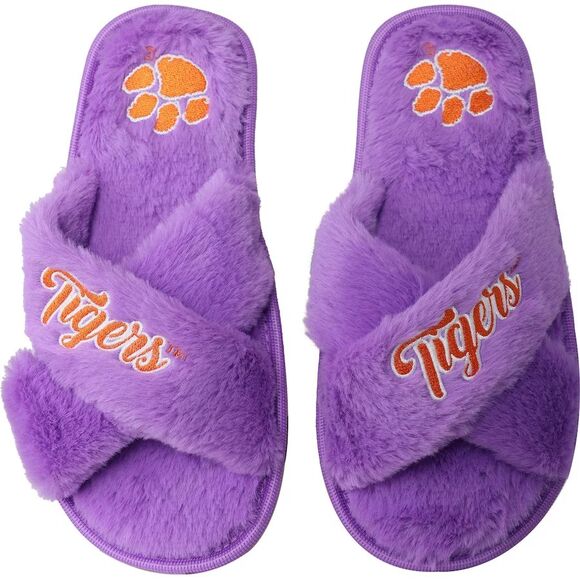 Clemson Tigers Slippers Women's Size 9 XL Purple Orange Faux Fur Slide FOCO - Picture 1 of 4
